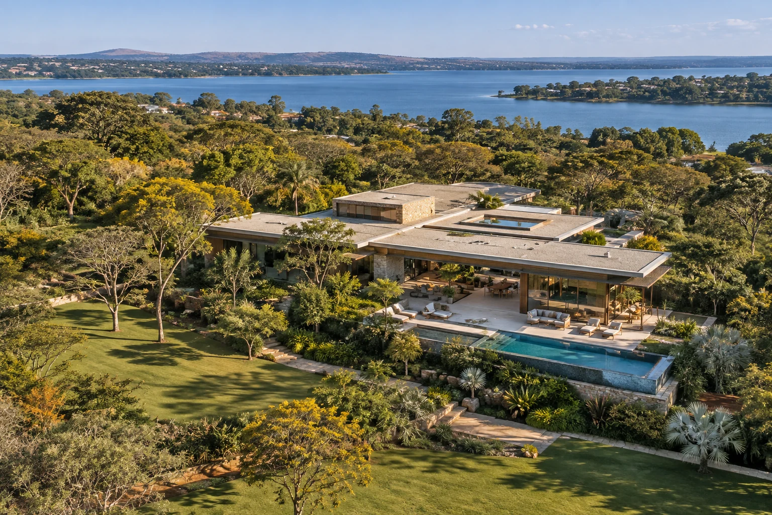 Imagem ilustrativa de arquitetura e jardins residenciais inspirados no Lago Norte, em Brasília