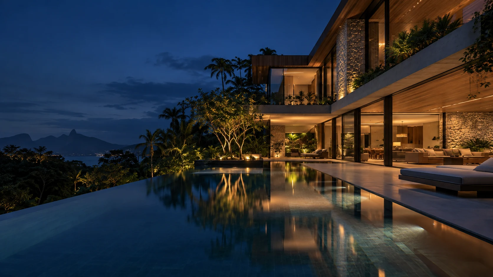 Arquitetura, paisagismo e iluminação integrados em uma residência contemporânea